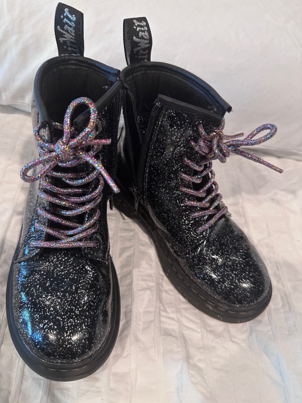 Dr. Martens Black Glitter Lace-Up Combat Boots with Iridescent Laces